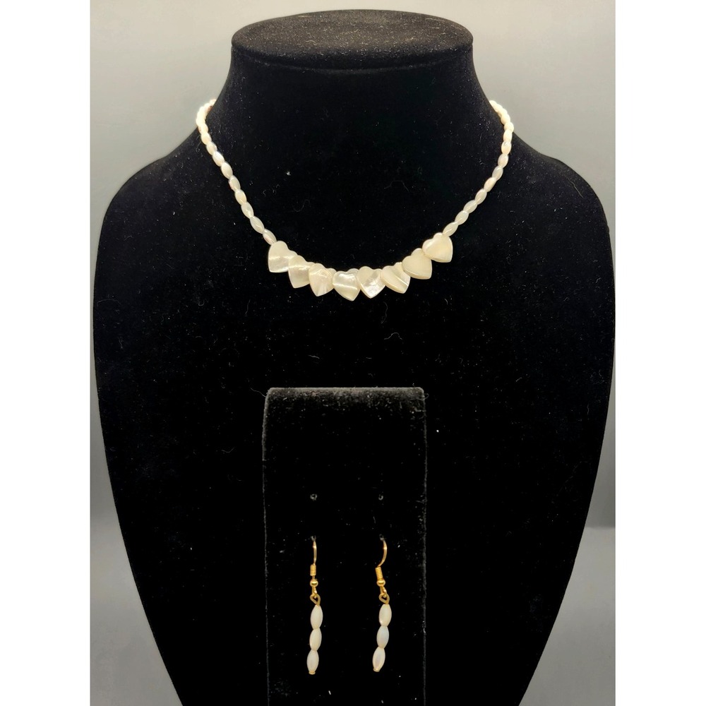 Vintage Simulated Mother Of Pearl Hearts Necklace W/ Matching Dangle Earrings